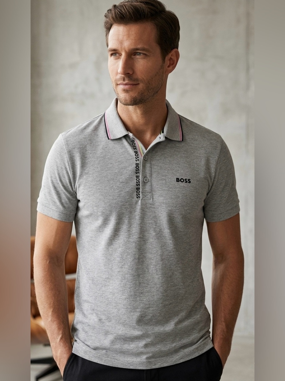 BOSS Men's Slim Fit Stretch Cotton‎ Polo Shirt gray, Chest Logo sz L
